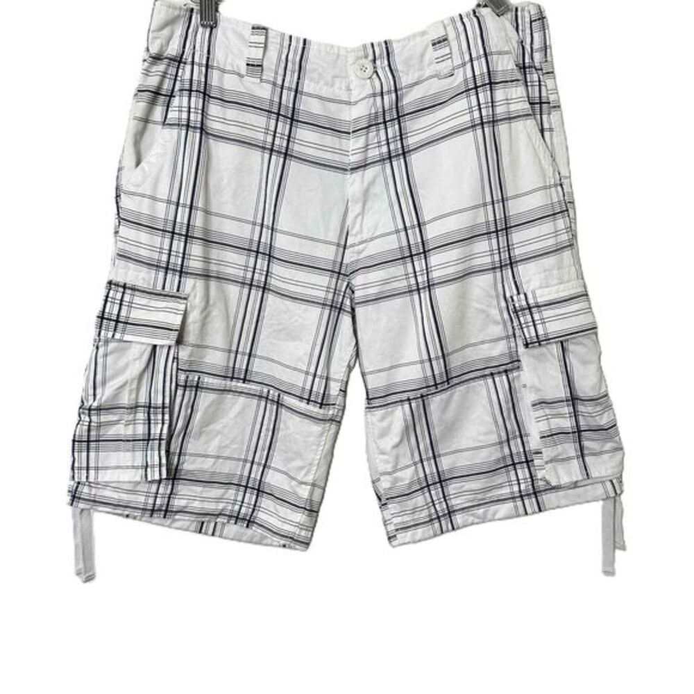 Matchstick Shorts Mens Size XXL/36 White Navy Blue Plaid Cargo Knee Length - Picture 1 of 10